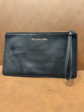 Michael Kors Black Leather Zip Pouch with Gold Hardware